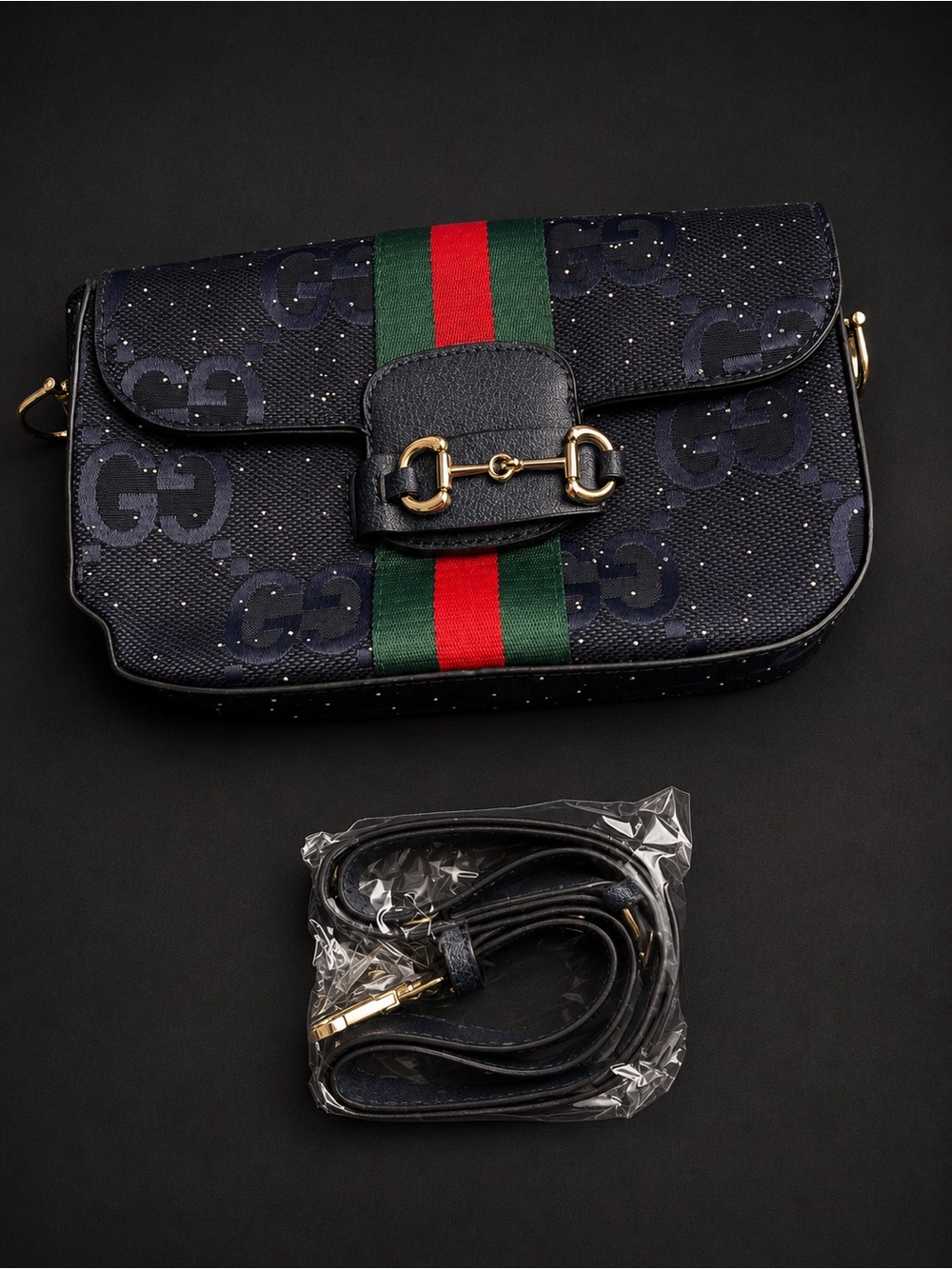 Inspired Navy Crossbody with Green-Red Web Stripe and Gold Hardware